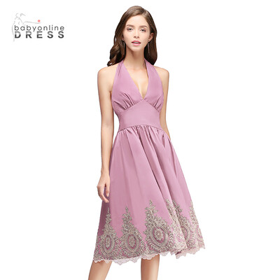 

Halter A-line Prom Dresses Appliques Sleeveless Mini Homecoming Dresses