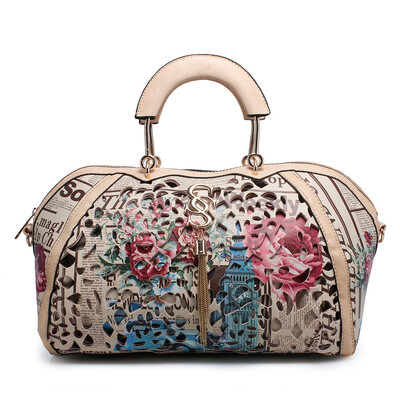 

2016 New Fashion Women Handbag Vintage Floral Print Hollow Out Bags Leather Handbags Tote Bags Ladies Shoulder Bags 2 pieces