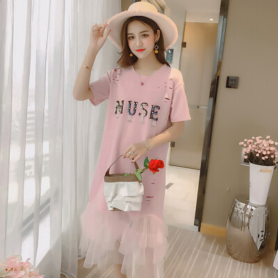 

Long Yue womens short-sleeved dress 2018 summer new long T-shirt skirt student beaded letter mesh stitching skirt LWQZ184209 pink