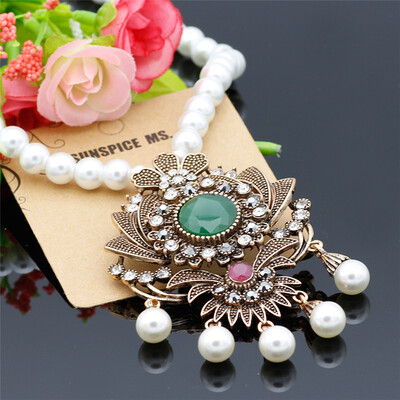 

Vintage Flower Strand Bead Pendant Necklace Set Women Antique Simulated-Pearl Chain Турецкая индийская свадебная смола Корсаж ювел