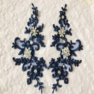 

Deep blue trim patches lace applique with rhinestones sequins beads 2211cm for dress skirt