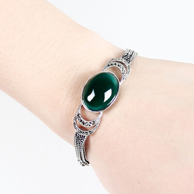 

Thailand Silver Gemstone Bracelet Retro Green Chalcedony Agate 925 Silver DIY Stone Inlay Send Gifts for Girls Silver Ornaments