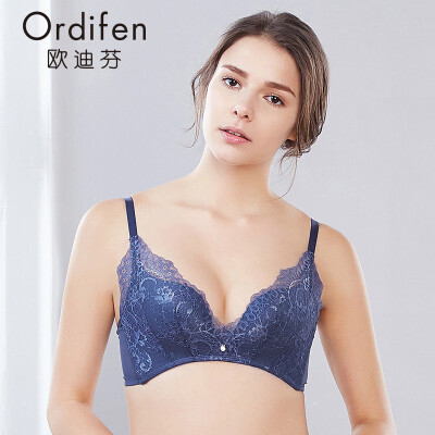 

Ou Difen no steel ring bra 2018 spring&summer new thin section breathable hole cup gathered bra sexy lace underwear bra XB8217 black 80C