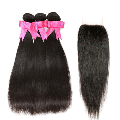 

PASSION HAIR Grade 8A Brazilian Virgin Human Hair Weave Straight 3 Bundles With 4X4 Free Part Lace Closure Natural Color