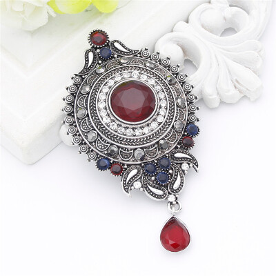 

Vintage Women Red Resin Round Water Drop Brooch Pin Women Antique Silver Color Flower Corsage Jewelry India Bride Hijab Badge