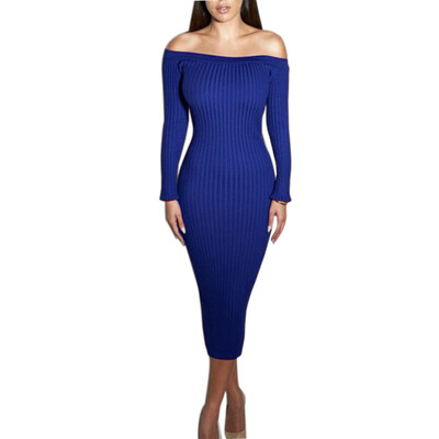 

Fashion Long Sleeve Off Shoulder Slash Neck Sexy Club Women Dress Slim Bodycon Knitted Sweater Knee-Length Party Night Dresses