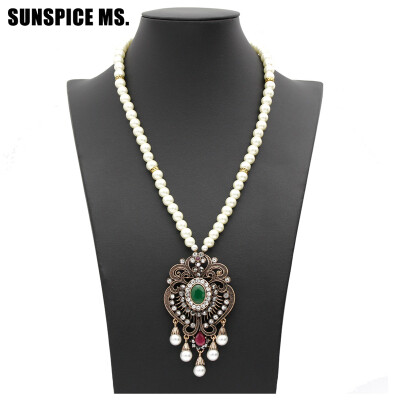 

Vintage Flower Strand Bead Pendant Necklace Set Women Antique Simulated-pearl Chain Turkish Bridal Indian Wedding Resin Jewelry