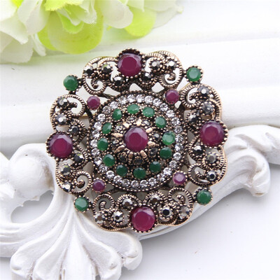 

Vintage Round Resin Flower Turkish Brooch Pin For Women Antique Gold Color Arabesque Rhinestone Brooch Broches Lapel Scarf Pin