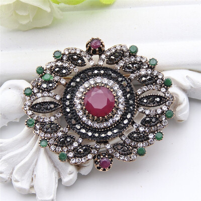 

Vintage Turkish Women Flower Brooch Pins Antique Gold Color Resin Jewelry Round Brooches Broches Hijab Scarf Buckle Hat Corsage