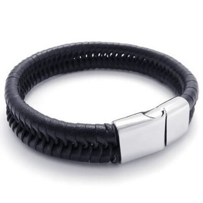 

Hpolw Mens black Stainless SteelGenuine Leather Hand woven Spring buckle Bracelet