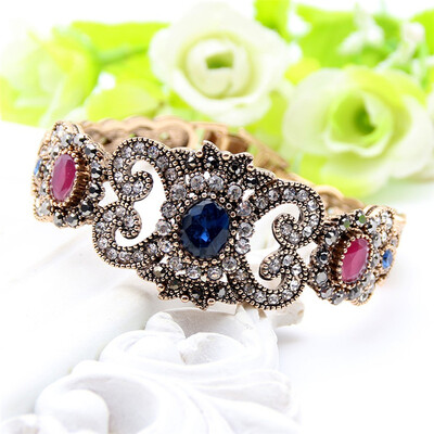 

Exquisite Turkish Resin Flower Folding Bracelet Bangle Adjustable Women Vintage Bangle Antique Gold Color Wedding Jewelry Cuff
