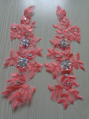 

Ручной цвет персика шить на кристаллах патчи блестки Rhinestones кружева applique 24 * 9 см для верхней юбки платья