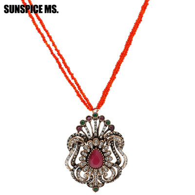 

Ethnic Festival Gift Long Seed Bead Flower Necklace Sets Turkish Antique Gold Hollow Pendant Necklace Indian Vintage Jewelry