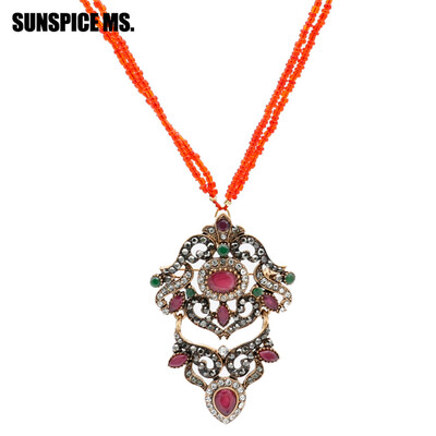 

New Vintage Turkish Women Necklace Chain Seed Bead Flower Pendant Necklace Set Antique Resin Ethnic Wedding Retro Strand Jewelry