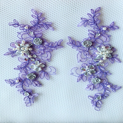 

sew on flowers patches Water soluble embroidery light purple lace applique with rhionestones peal 239cm