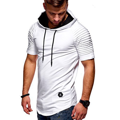 

Summer Mens Casual Tops Fashion Short Sleeved T-shirt Solild Color Fold Round Neck Hooded Pullovers Clothes Mens T-shirt