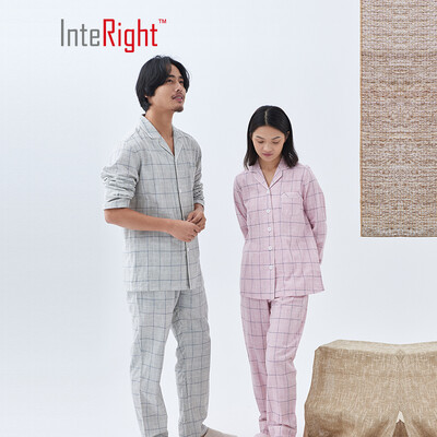 

INTERIGHT home service men&women mens cotton plaid double-layer yarn breathable Japanese woven home service suit gray