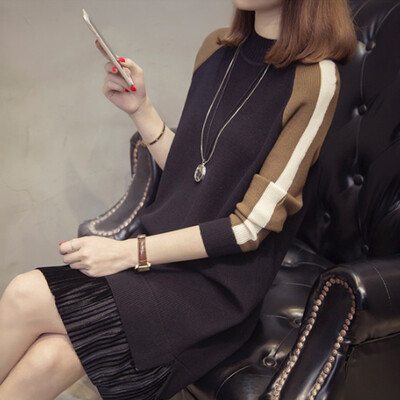 

Arthur magic dress dress Korean temperament long paragraph head color matching pleated hem knit skirt sweater skirt SH-18-29 black one size
