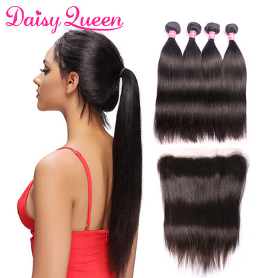 

Pre Plucked 134 Lace Frontal With 4 Bundles Malaysian Straight Virgin Hair With Closure Top 8A Human Hair Bundles With Frontal