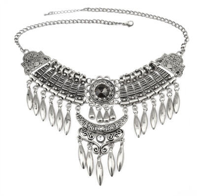 

Bohemian Vintage Silver/Gold Multilayer Long Beads Tassel Big Crystal Pendant Choker Statement Necklace for Women