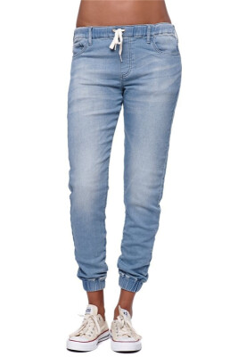 

Womens Solid Color Jeans with Elastic Waist & Ankles