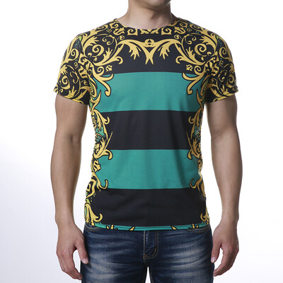 

Mens Floral Printing Strip Contrast Color O-Neck T-Shirts