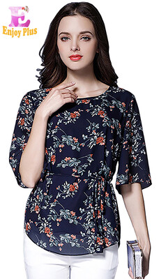 

XL XXL 3XL 4XL 5XL plus size chiffon vintage new summer 2018 blue flower print blouse women large size half sleeve belt female
