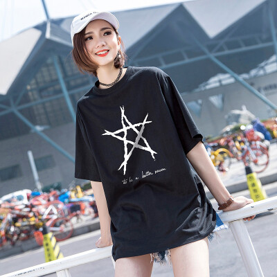 

New summer wear T-shirt womens wear BF wind fashion round collar casual wear pattern printed half sleeved loose T-shirt