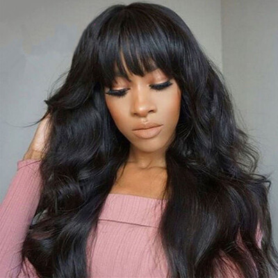 

T-top Hair Big Curl With Bang Virgin Human Hair Lace Front Wig Swiss Lace Natural Black Color Bleached Knots Human Hair Wig With N