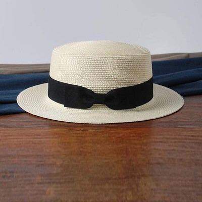 

wholesale sun flat straw hat boater hat girls bow summer Hats For Women Beach flat panama straw hat chapeau femme