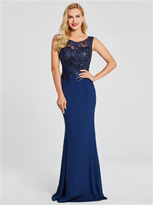 

CAZDZY Scoop Neck Beaded Appliques Mermaid Evening Dress