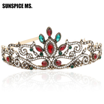 

Vintage Women Red Resin Bridal Crystal Tiara Crown Head Jewelry Princess Queen Turkish Wedding Hair Accessories Flower Hairwear