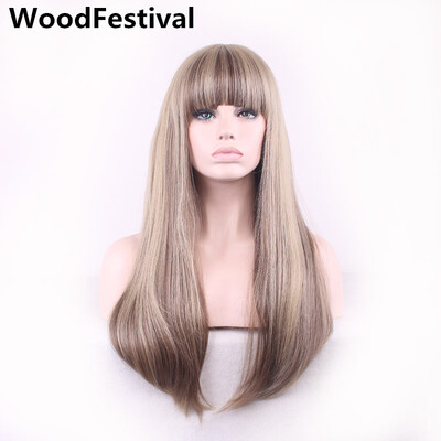 

WoodFestival womens synthetic wigs with bangs heat resistant blonde mix color long straight hair wig