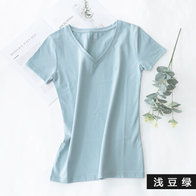 

Kangshu DaiShu solid color simple short-sleeved T-shirt ladies V-neck slim half-sleeved T-shirt tops wild cotton bottoming shirt light green