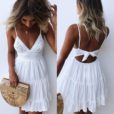 

Try Everything Backless Sexy Dress Women Summer Splicing Spaghetti Strap Party Dress 2018 White Draped Lace Dress V Neck Vestido