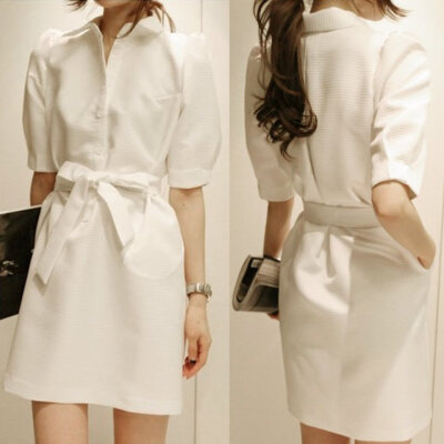 

Women Dress Fashion Summer Lapel Button Dress Lantern Sleeve Dress