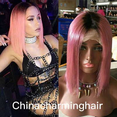 

Dark Roots Human Hair Wig Silky Straight virgin Brazilian Ombre 1b Pink bob lace front wig