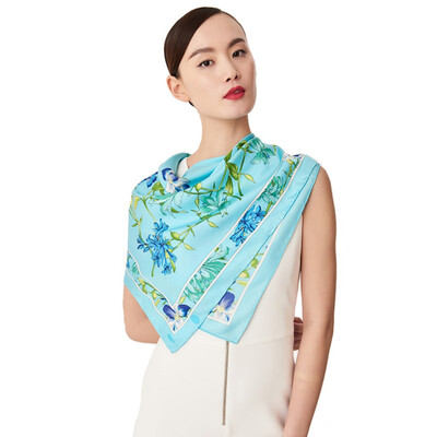 

Silk Shawl Scarf 100 authentic Brand New Gift Box Flower Print Women Auth Rare Big Square 8888CM Blue Orange Pink