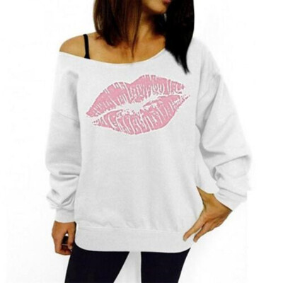 

2018 New Women Brand Fashion Sweatshirts Female Sexy Red Big Lips Printed Off Shoulder Long-Sleeved Pullovers Hoodies