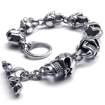 

Hpolw Large Heavy Stainless Steel Gothic Skull Biker Mens Bangle Bracelet Black Silver