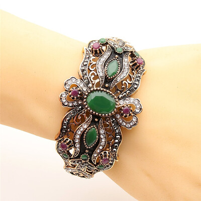 

Vintage Women Flower Bracelet Cuff Turkish Resin Bangle Jewelry Antique Gold Color Bride Bracelets Party Wedding Ethnic Bangles