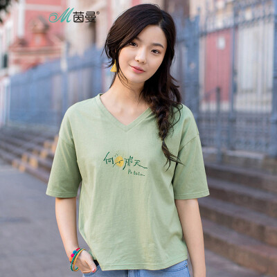 

INMAN 2018 summer new V-neck literary text printing wild drop shoulder short-sleeved T-shirt female 18820VP22282 tender green