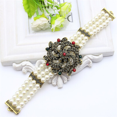 

Vintage Rhinestone Flower вышитый бисером браслет Женщины Античный золотой цвет Турецкие ювелирные изделия Имитированные жемчужины