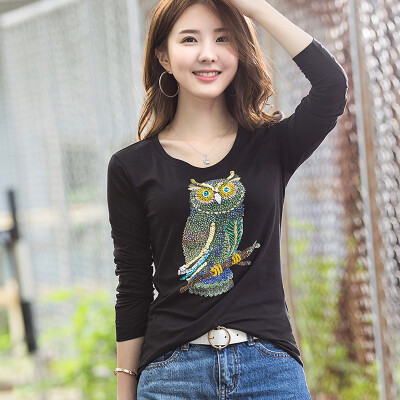 

2018 spring new fashion owl pattern loose T-shirt female long sleeve white round neck cotton