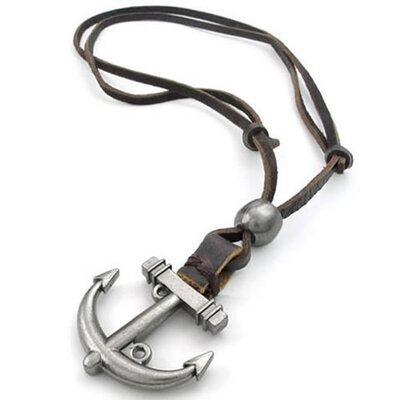 

Hpolw Mens&Womens fashion handmade genuine leather vintage silver corss Anchor Pendants Brown Leather Cord Necklace