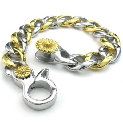 

Hpolw Mens Gold&silver Stainless Steel Lobster Clasps Bracelet and Biker Heavy Wide Links Flower pattern hollow Bangle