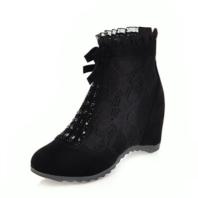 

size 34-43 Height Increasing Lace Summer Ankle Boots Lady Short Sandals Boots Wedges with Rhinestones Hidden Heel Ladies Shoes