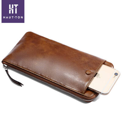 

HAUT TON Mens Wallet Long Soft Leather Handbag Zipper Thin Large Capacity Clutch SZB114 Black