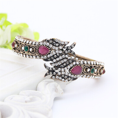 

Luxuriant Turkish Women Tulips Flower Bracelet Cuff Antique Gold Color Resin Jewelry Rhinestone Bangle Hollow Arabesque Bijoux