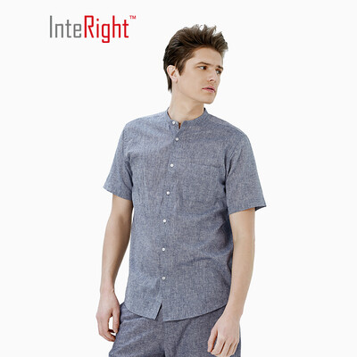 

INTERIGHT Short Sleeve Shirt Mens Cotton Blend Casual Stand Collar Shirt Denim Blue XL